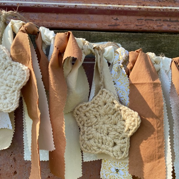 Shabby Chic Fabric & Crochet Star Garland Neutral Handmade Custom Design Decor - Picture 6 of 8